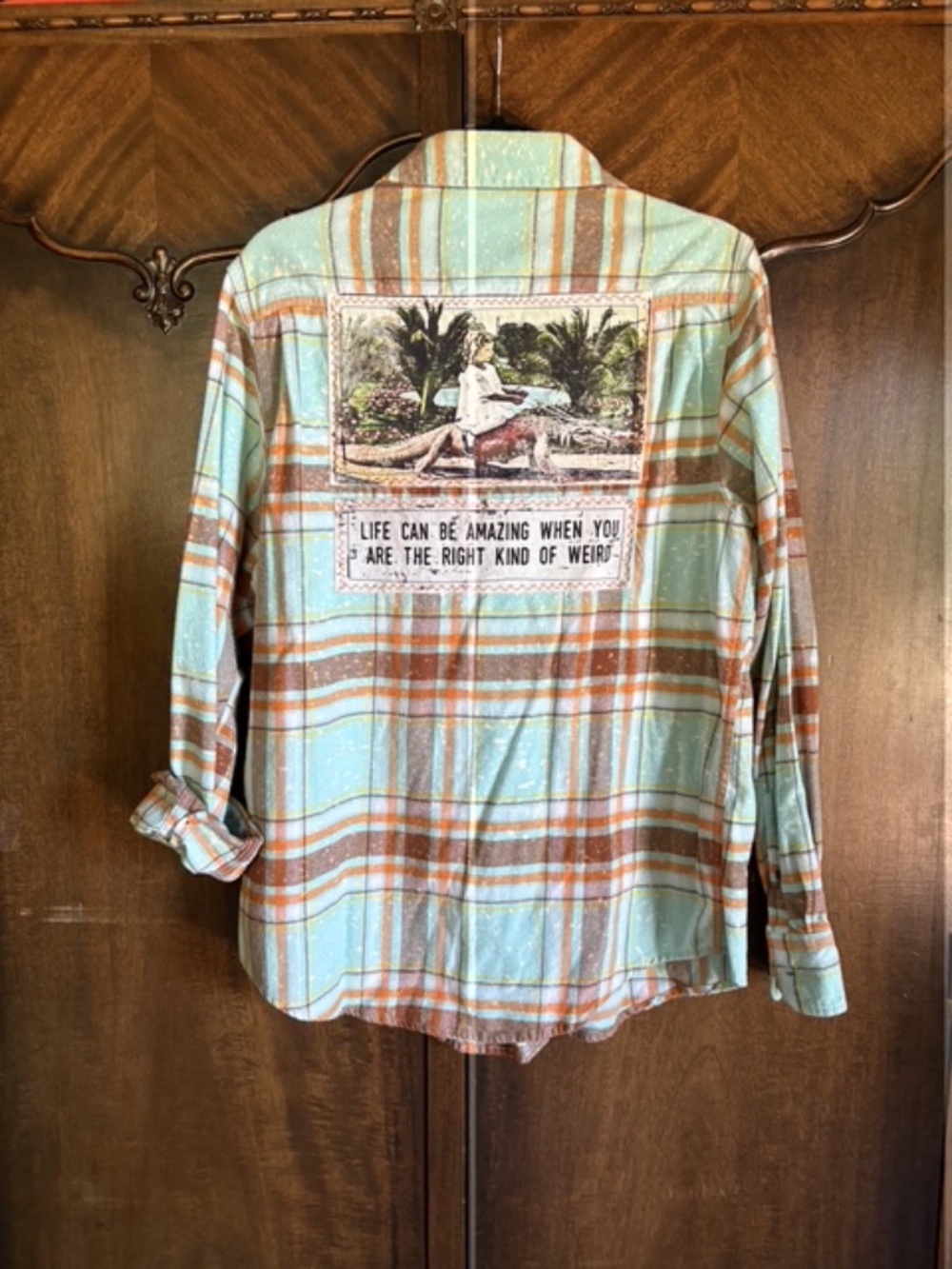 Angry Minnow Distressed Flannel Shirt Appliquéd Image Girl Riding Alligator